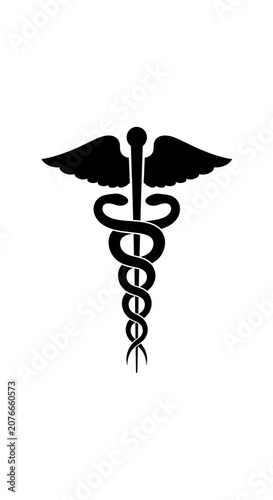 Black caduceus emblem centered on white vertical strip.