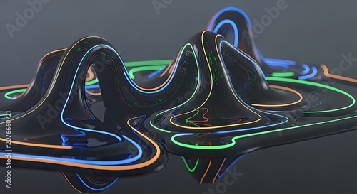 Black fluid hills with neon glowing track outlines.