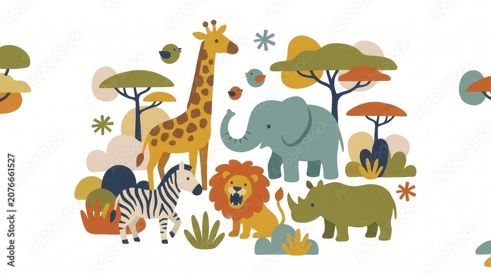Obraz premium Diverse African safari animals gathered together in a charming illustrated savanna landscape