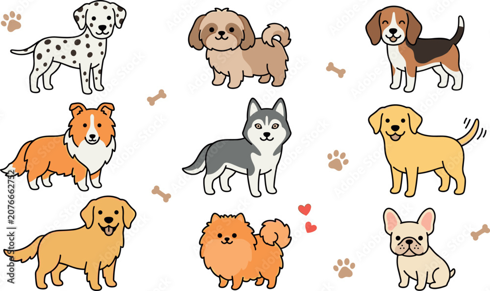 Fototapeta premium Cute Cartoon Dog Breeds Vector Set with Dalmatian Husky Beagle Pomeranian and Labrador for Pet Design