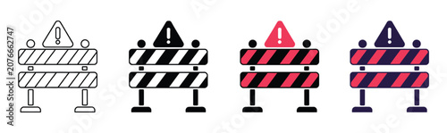 Tableau sur toile Road construction icon set, vector illustration featuring safety barriers, striped warning barricades, site protection signs, traffic control, work zone hazard safety design elements