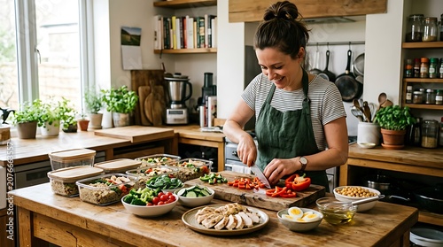 Woman preparing healthy food, kitchen workspace with fresh vegetables, cooking at home, meal prep