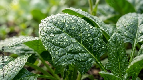 Fresh spinach leaves with dew drops, green vegetable, healthy food, leafy greens