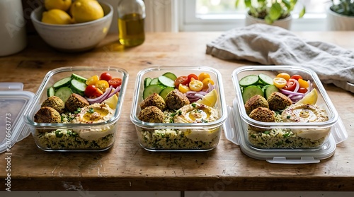 Glass meal prep containers, healthy food, salad, lunch bowls