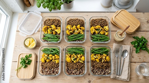 Healthy meal prep containers, food storage, kitchen organization, green beans, ground meat