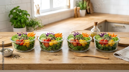 Vibrant salad bowls, colorful vegetable medley, healthy eating, kitchen setting, four glass bowls