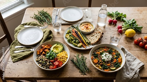 Delicious food, healthy meal, vegetarian dishes, table setting