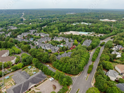 Aerial View Of Wakefield Suburban Neighborhood Community And School In Raleigh