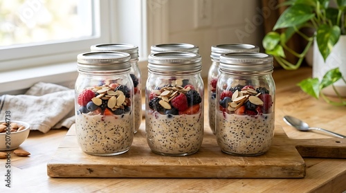 Overnight oats, breakfast jars, layered oats with nuts and berries, healthy morning food prep