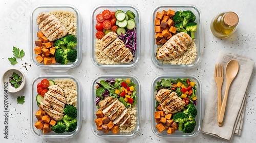 Healthy meal prep, grilled chicken, vegetables, rice, containers