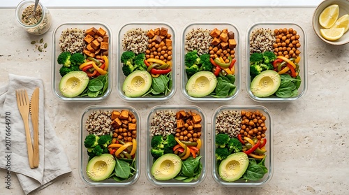 Healthy meal prep containers, vegan food, plant-based diet, glass containers
