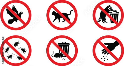 No Birds, No Cats, No Raccoons, No Insects, No Rats, and No Feeding Prohibition Sign Set with Red Crossed Symbols for Pest Control and Public Area Notices