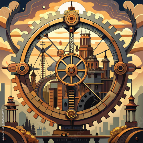 Foto Steampunk cityscape, industrial gear mechanism, futuristic metropolis, sci-fi ar