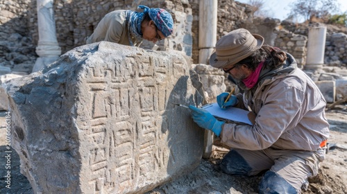Team Documenting and Cleaning Ancient Inscriptions During Conservation Efforts at Historical Site