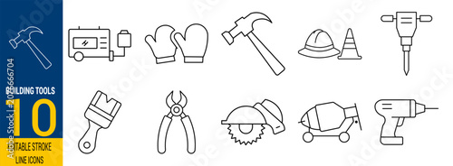Essential Building Construction Tools Equipment Line Icons Collection
