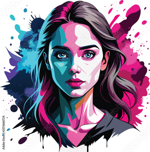 Vibrant woman portrait, colorful paint splashes, abstract background, pop art style illustration