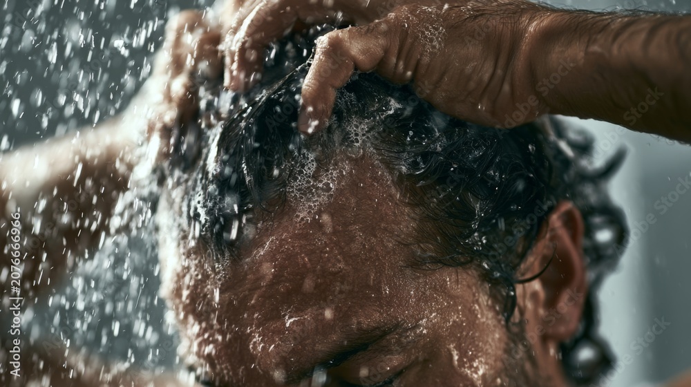 Fototapeta premium Man Gently Massaging Scalp with Fingertips During Relaxing Shower, Water Splashing, Close-Up Focus on Hair and Hands