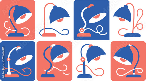 Collection of colorful desk lamps in different positions.