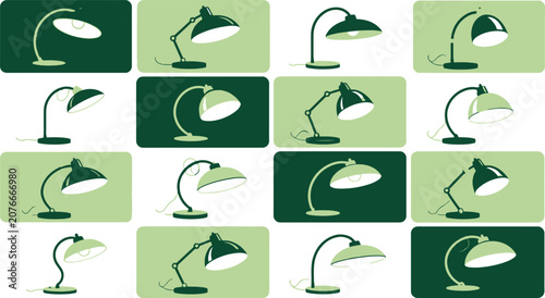 Collection of green desk lamps on colored squares.