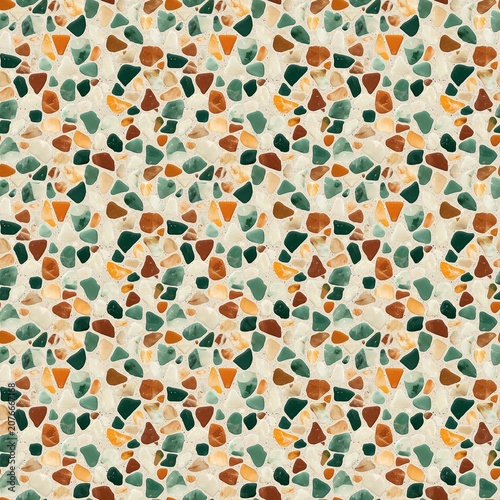 Seamless terrazzo texture pattern with orange terracotta and green stone chips