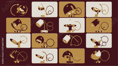 Collection of decorative lamp illustrations in gold and brown tones.