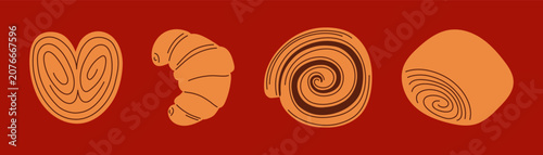 Set of popular pastry like croissants, sweet swirl and cinnamon roll. Vector illustration of fresh sweet bakery