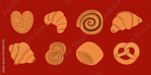 Big collection of popular pastry like croissants, pretzel, sweet swirl, cinnamon roll. Vector illustration of fresh bakery