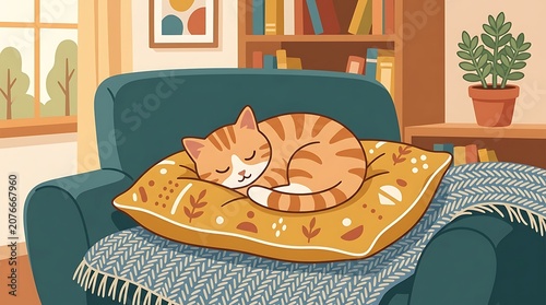 Cat curled up sleeping on yellow pillow on green couch in living room