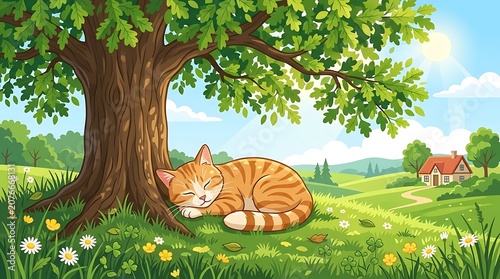 Serene cat resting under tree in sunny meadow with house