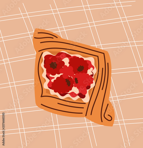 Fruit Danish on checkered background. Vector illustration of Danish pastry with raspberry