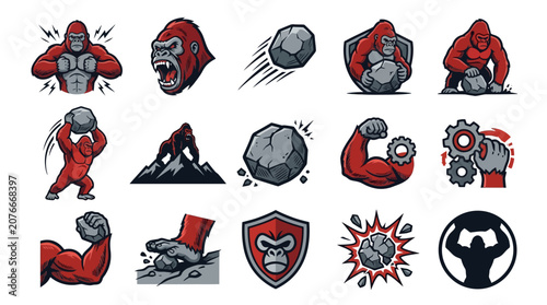 Photography Gorilla mascot logos with stones and muscle icons.