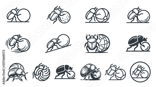 Foto Line art icons of dung beetles pushing spheres.
