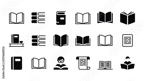 Tableau sur toile Book icon set, black silhouette vector featuring open pages, stacked volumes, bookmarks, and reader pictogram, learning, knowledge, literature, education concept design elements