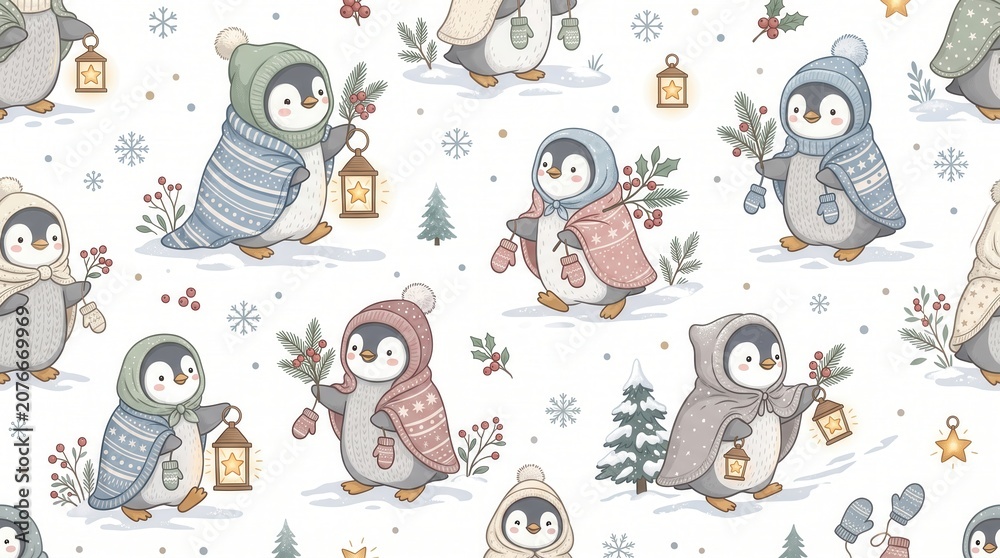 Fototapeta premium Whimsical cartoon penguins walk in snow, holding lanterns and holly sprigs