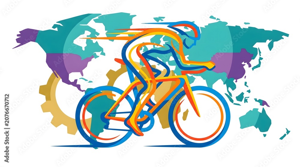 Obraz premium Vibrant stylized vector illustration depicts a dynamic cyclist in full motion with speed lines, symbolizing global connectivity and competitive drive for commercial use.