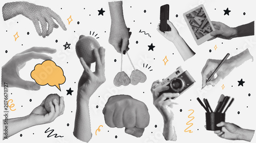 Collage of Hands Holding Objects and Abstract Shapes with Halftone Effect Keywords: hand, holding, object, camera