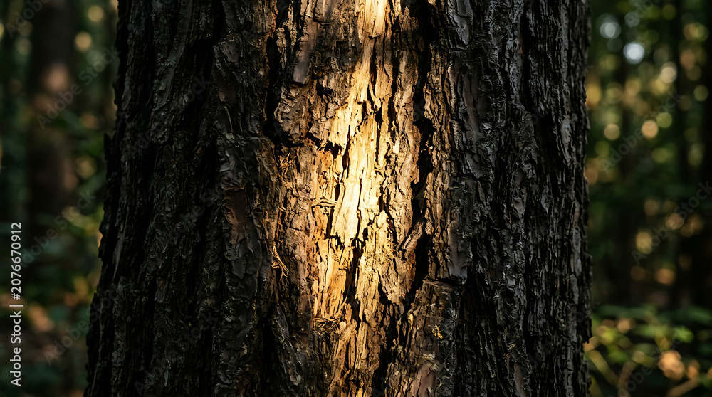 Obraz premium Close up detailed texture of ancient tree bark with sunlight and moss in forest setting