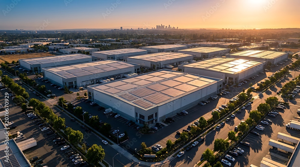 Fototapeta premium Modern industrial park with multiple warehouses and large parking lots under golden sunset sky with distant city skyline in background.