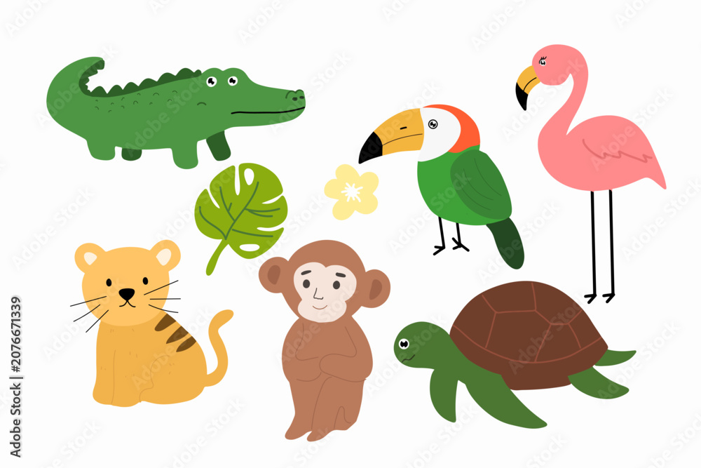 Fototapeta premium Cute Tropical Jungle Animal Character Collection Featuring Various Exotic Wildlife Species