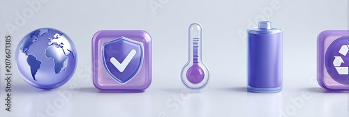 Set of Purple Icons Representing Global Security, Health, Energy, and Recycling.