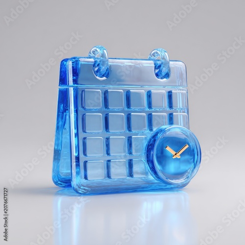Transparent Blue Calendar Icon with Clock Symbol.