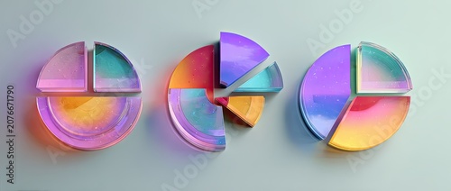 Three Abstract Pie Charts with Iridescent Colors and Soft Lighting.
