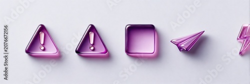 Set of 3D glossy purple icons - warning, square, and paper airplane on a light background.