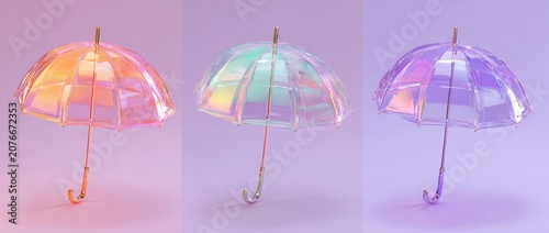 Three iridescent umbrellas in pastel colors, pink, green, and purple, against a soft gradient background.