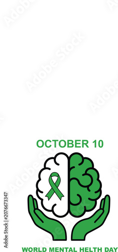 World mental health day illustration with brain and hands support