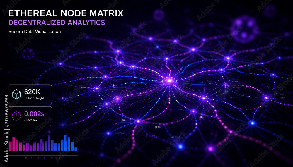 Fototapeta premium Ethereal node matrix for decentralized analytics, secure data visualization with glowing purple connections, futuristic blockchain network interface