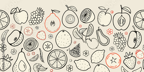 Fruits And Berries Hand Drawn Sketch Pattern On Beige Background