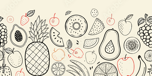 Hand Drawn Fruit Sketches Black Line Illustration On Beige Background
