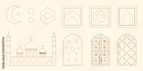 Islamic Architectural Elements And Crescent Moon Line Vector Illustration