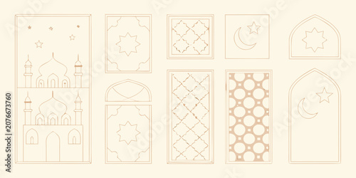 Islamic Ramadan Frames With Mosque Silhouettes Linear Vector Illustration